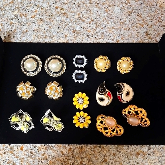 Elegant Gold and Black Clip On Women's Earrings Set Of 8 - Picture 1 of 17